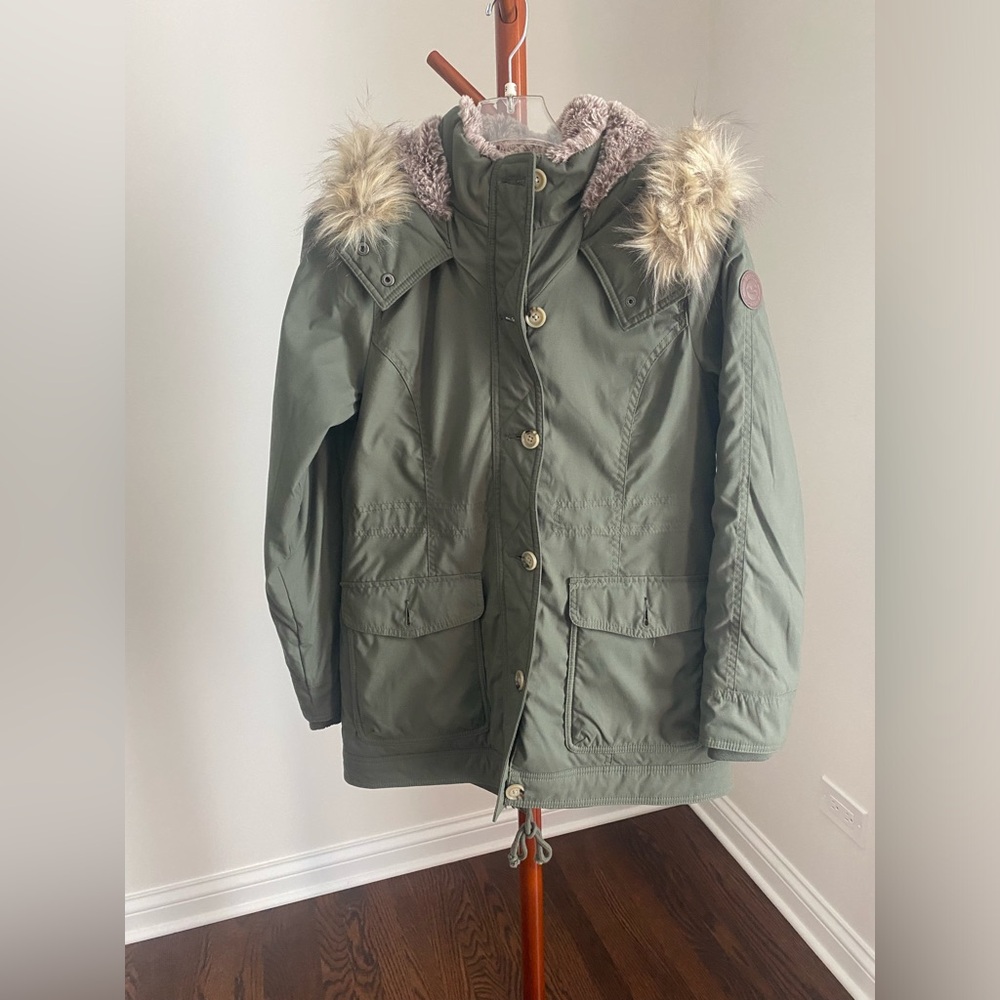 Hollister Olive Green Faux Fur Hood Puffer Jacket